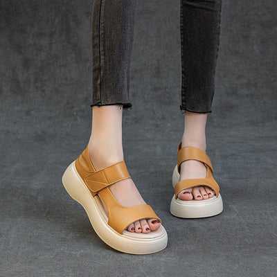 Summer Casual Leather Open Toe Platform Velcro Shoes
