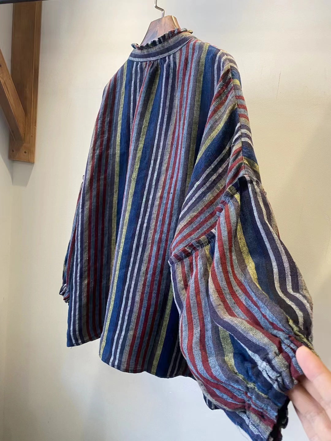 Ladies Loose Plaid Striped Ruffled Single-Breasted Linen Shirt