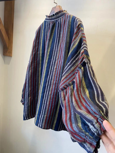Ladies Loose Plaid Striped Ruffled Single-Breasted Linen Shirt
