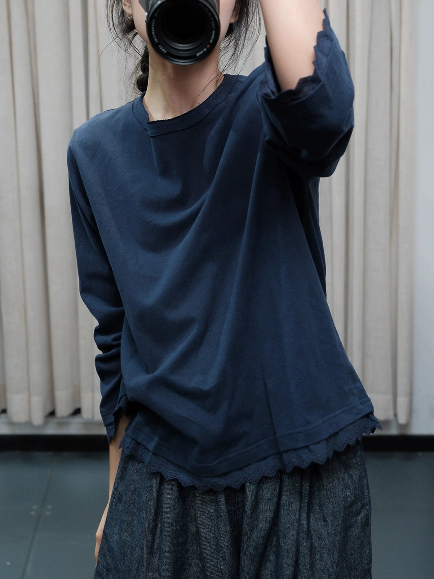 Babakud Retro Cotton Round Neck Scalloped Edge Tops