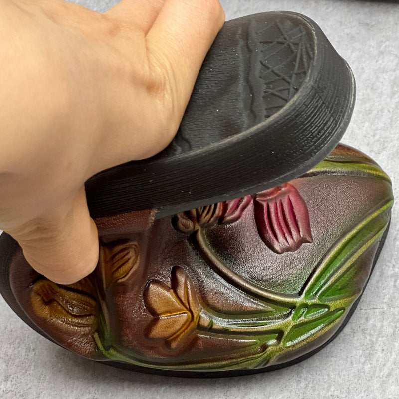 Retro Ethnic Style Embossed Flat Genuine Leather Slippers