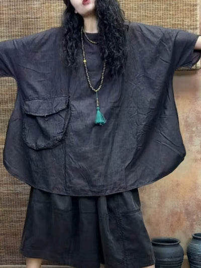 Summer Plus Size Round Neck Loose Denim Shirt With Pocket
