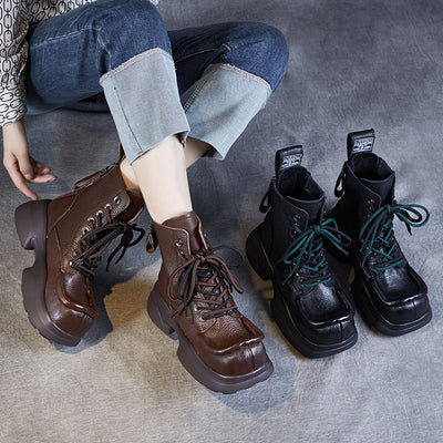 Ladies Stylish Square Toe Platform Lace-Up Leather Martin Boots