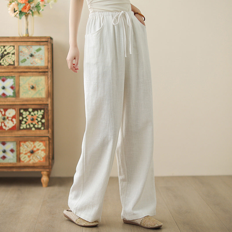Summer Casual Cotton Linen Elastic Waist Lace-Up Loose Pants
