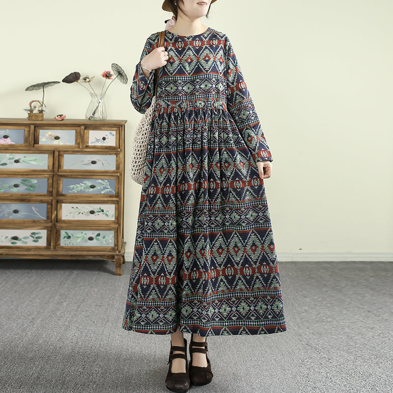 Women Spring Retro Cotton-Linen Printed Long Sleeve Dress