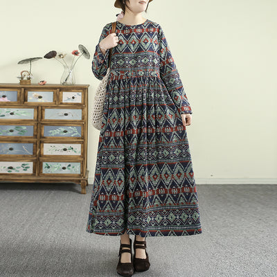 Women Spring Retro Cotton-Linen Printed Long Sleeve Dress