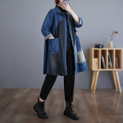 Women Autumn Retro Denim Patchwork A-Line Coat