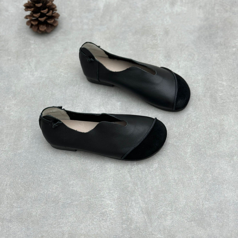 Ladies Retro Contrast Low Heeled Soft Leather Slip-On Shoes