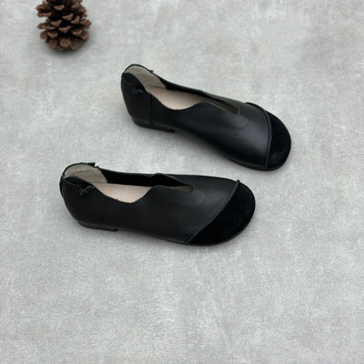 Ladies Retro Contrast Low Heeled Soft Leather Slip-On Shoes