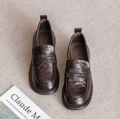 Brown Classic Vintage Textured Leather Loafers for Women
