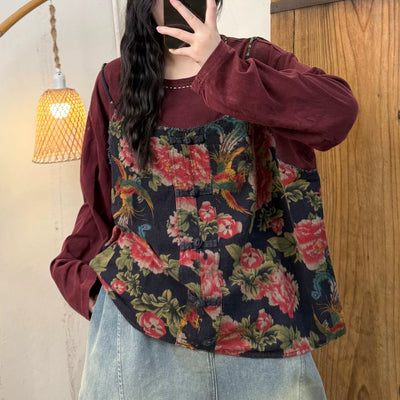 Women Spring Retro Cotton Printed Floral Loose Vest