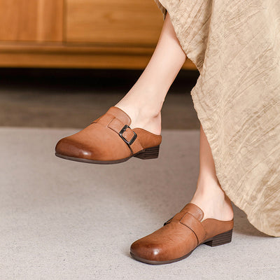 Minimalist Elegant Genuine Leather Low Heel Slippers for Women