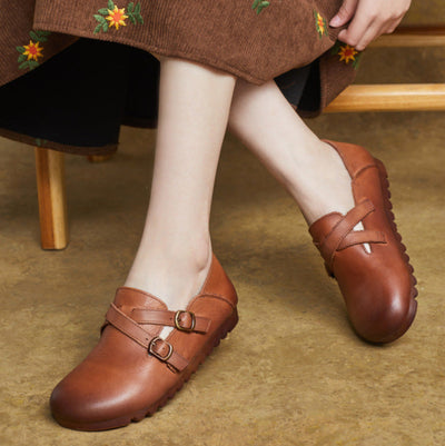 Ladies Retro Comfy Soft Sole Buckle Genuine Leather Casual Shoes