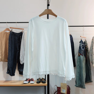 Babakud Retro Cotton Round Neck Scalloped Edge Tops
