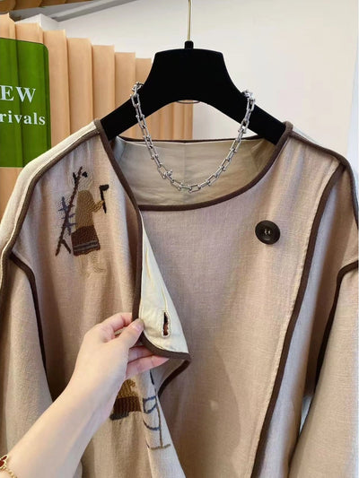 Autumn Fashionable Linen Embroidered Round Neck Loose Coat