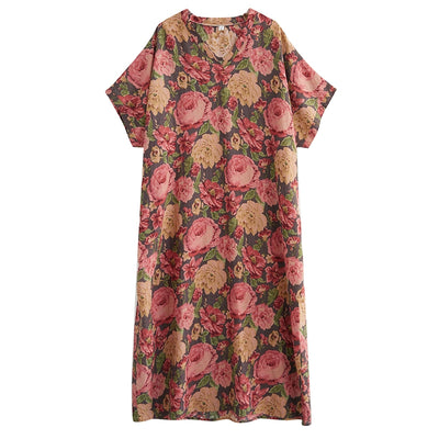 Women Summer Ethnic Cotton-Linen Printed Floral Long Dress