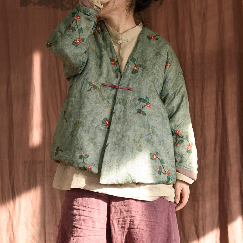 Women Chinese Style Vintage Printed Cotton Linen Coat