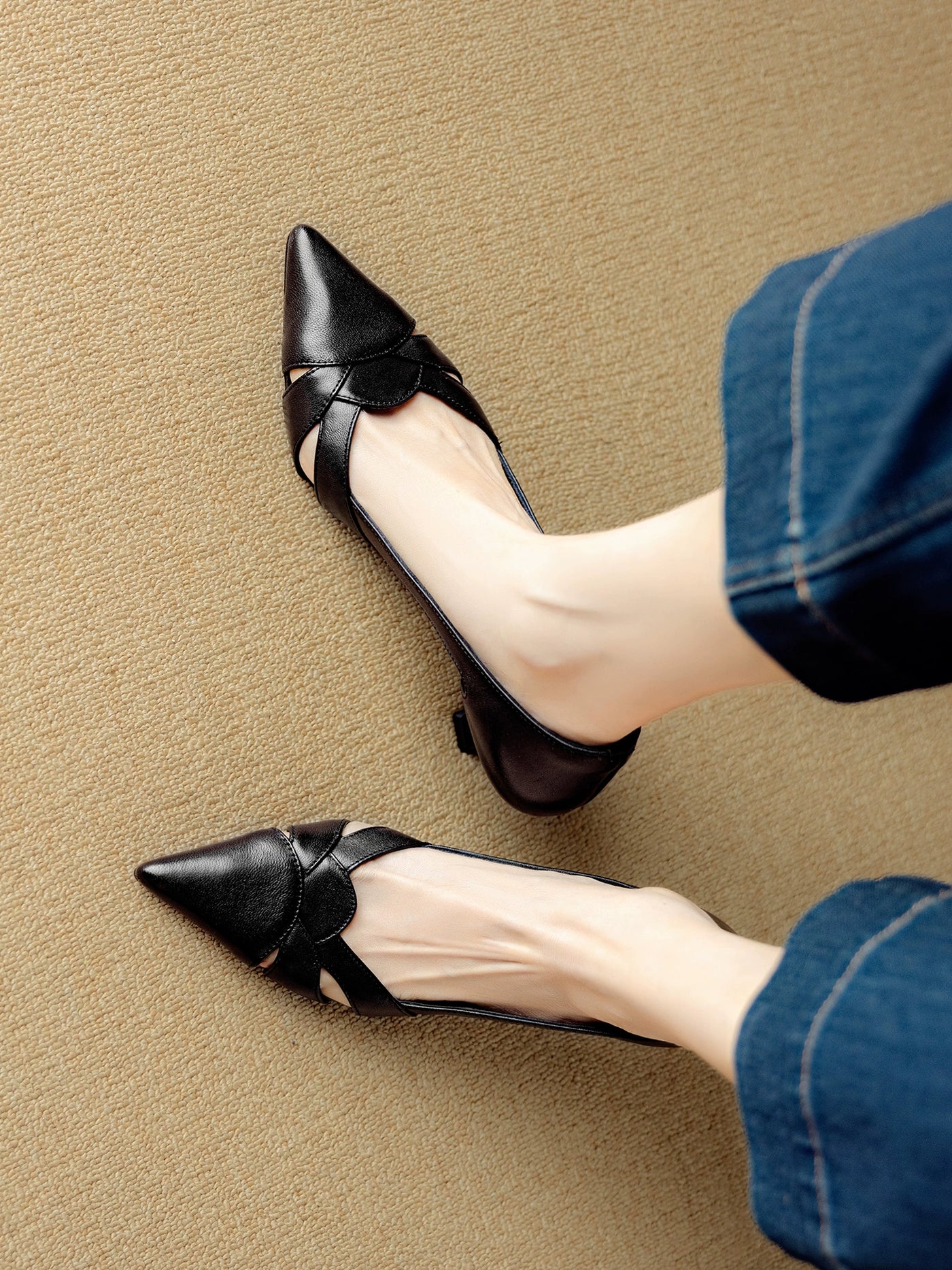 Elegant Sheepskin Leather Pointed Toe Cut Out High Heels