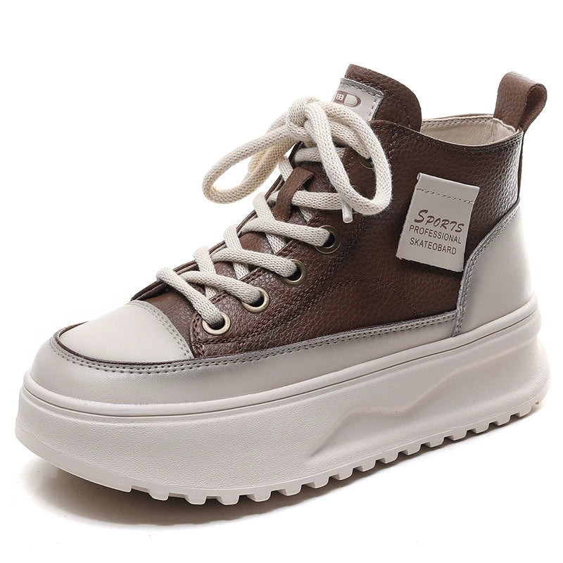 Women Retro Leather Patchwork Platform Lace-Up Shoes