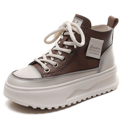 Women Retro Leather Patchwork Platform Lace-Up Shoes