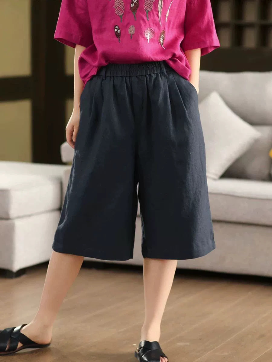 Summer Retro Casual Linen Loose Elastic Waist Knee-Length Shorts