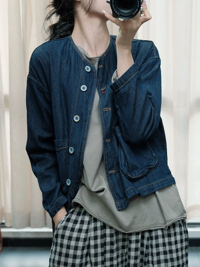 Autumn Retro Cotton Denim Round Neck Patchwork Pocket Coat