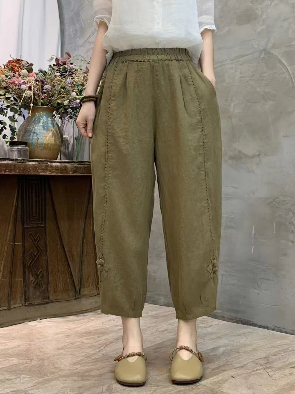 Babakud Summer Retro Linen Elastic Waist Harem Pants