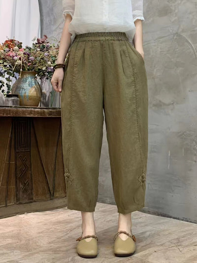 Babakud Summer Retro Linen Elastic Waist Harem Pants