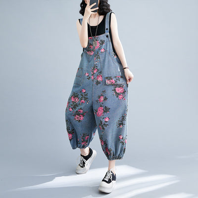 Women Spring Retro Denim Printed Floral Casual Jumpsuit