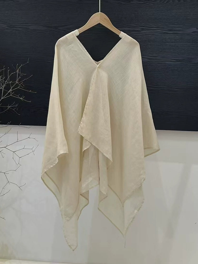 Women Spring Retro Casual Ramie V-Neck Asymmetric Shirt