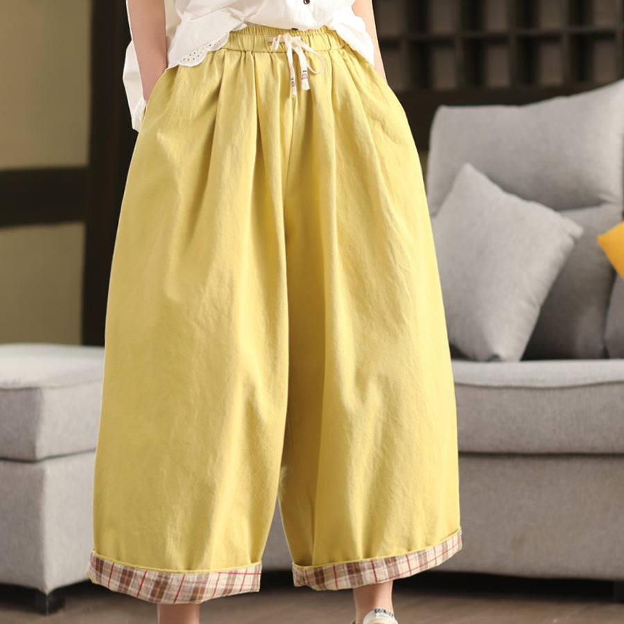Women Spring Retro Cotton Patchwork Plaid Harem Pants