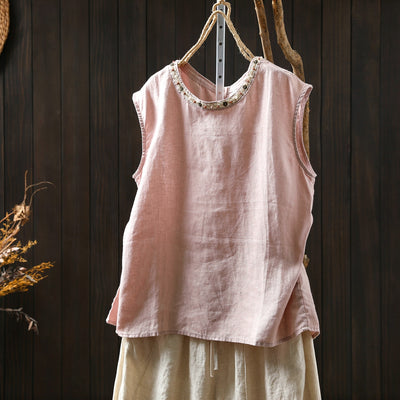Women Summer Cool Linen Round Neck Sleeveless Tank Top