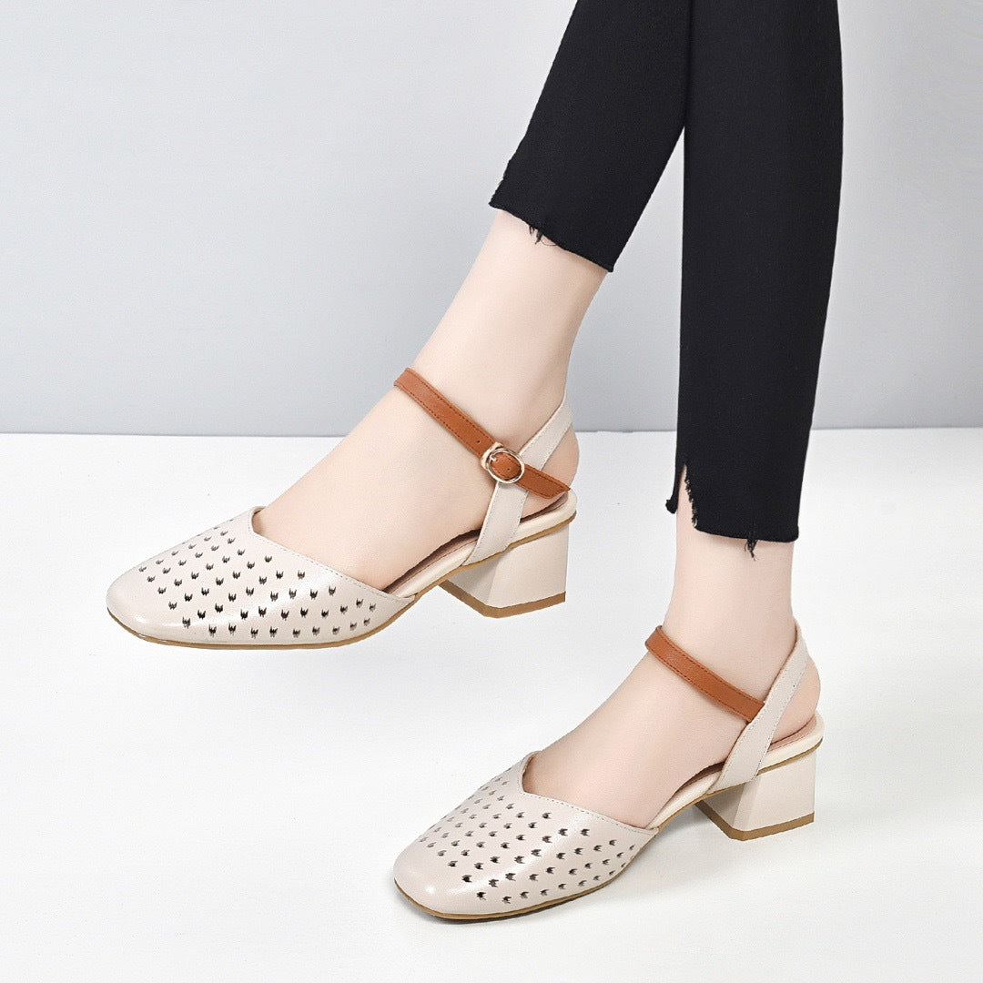 Retro Top Leather Hollow One Straped Chunky Sandals