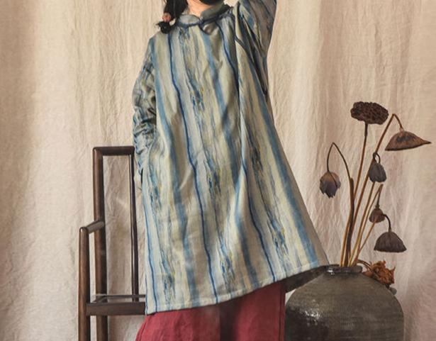 Vintage Asymmetric Front Striped Cotton Linen Dress for Women