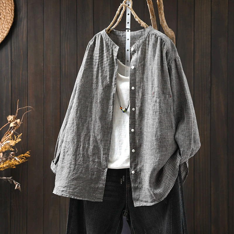 Women Spring Retro Pure Linen Plaid Long Sleeve Blouse