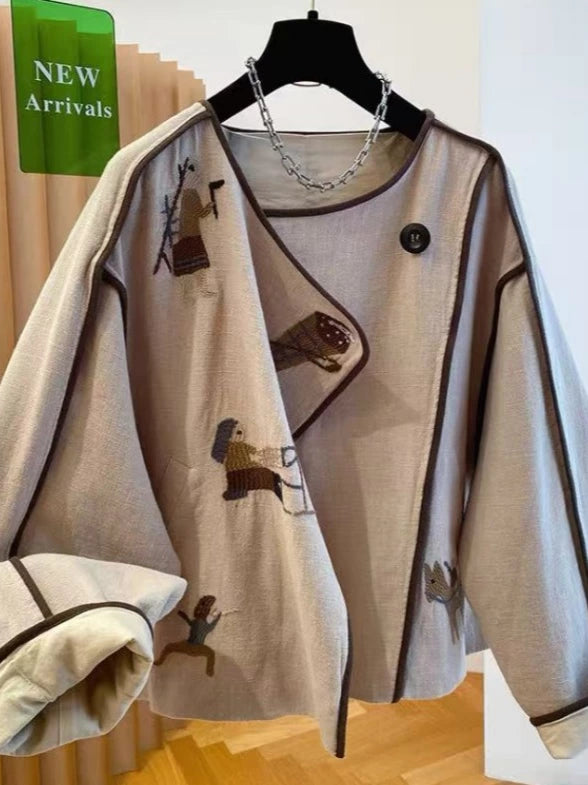 Autumn Fashionable Linen Embroidered Round Neck Loose Coat