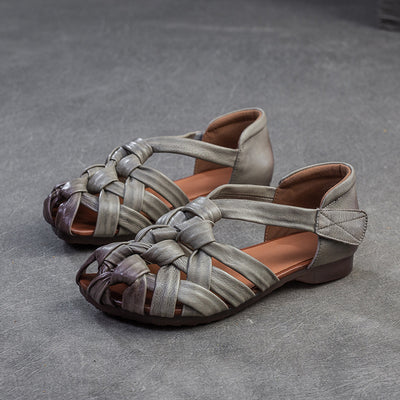 Ladies Fashion Retro Leather Woven Low Heel Soft Sole Sandals
