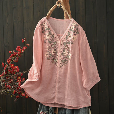 Women Spring Vintage Ramie Embroidered Floral V-Neck Top