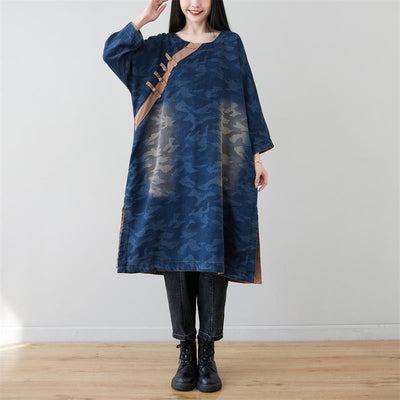 Spring Retro Washed Camouflage Round Neck Denim Midi Dresses