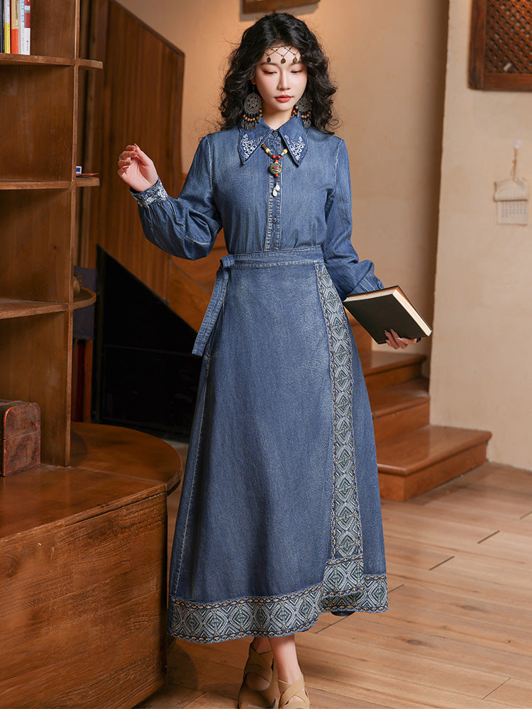 Autumn Denim Casual Loose Chinese Style Embroidered Skirt