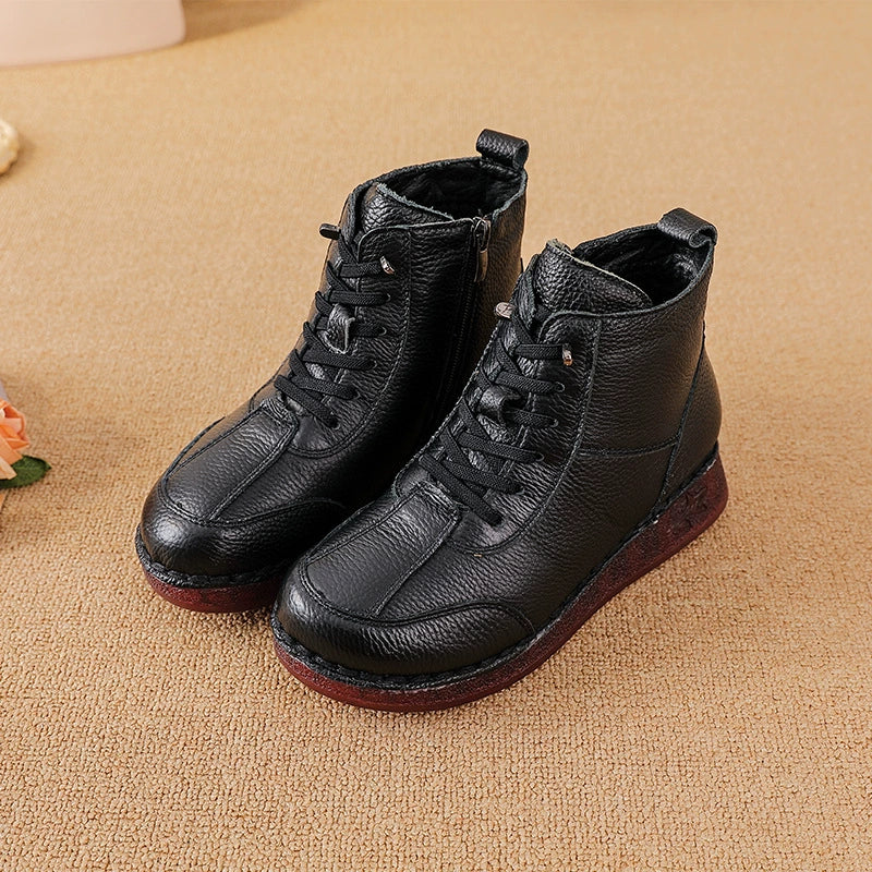 Winter Leather Fleece-In Patchwork Wide Toe Soft Sole Ankle Boots
