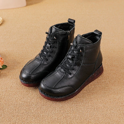Winter Leather Fleece-In Patchwork Wide Toe Soft Sole Ankle Boots