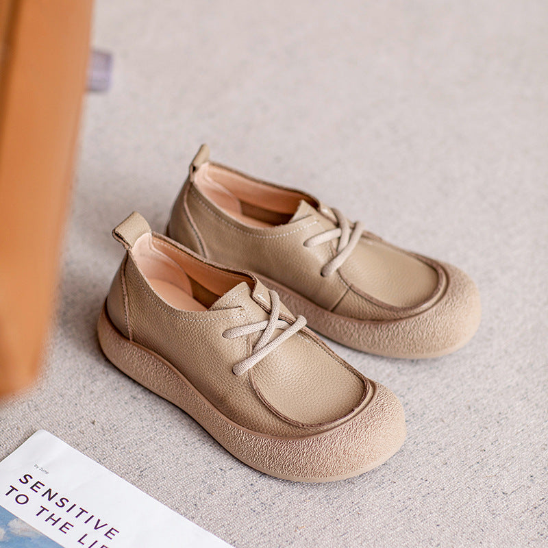 Retro Autumn Leather Round Toe Platform Slip-On Shoes