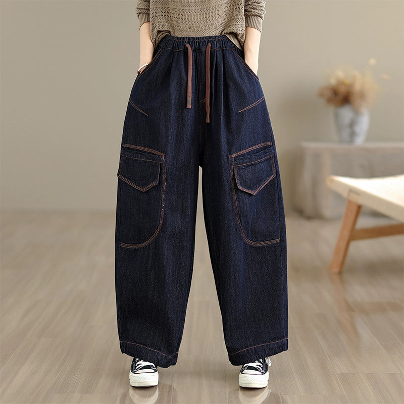 Casual Denim Embroidered Elastic Waist Lace-Up Harem Jeans