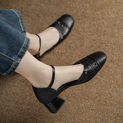 Vintage Leather Hollow Chunky One Straped Plus Size Sandals