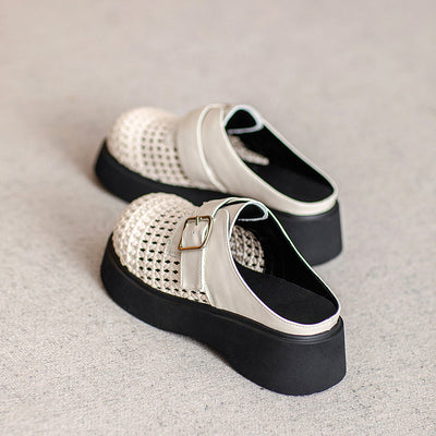 Ladies Casual Breathable Platform Sheepskin Woven Retro Slippers