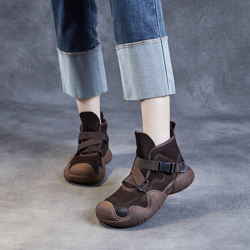 Women Retro Buckle Genuine Leather Ankle Boots