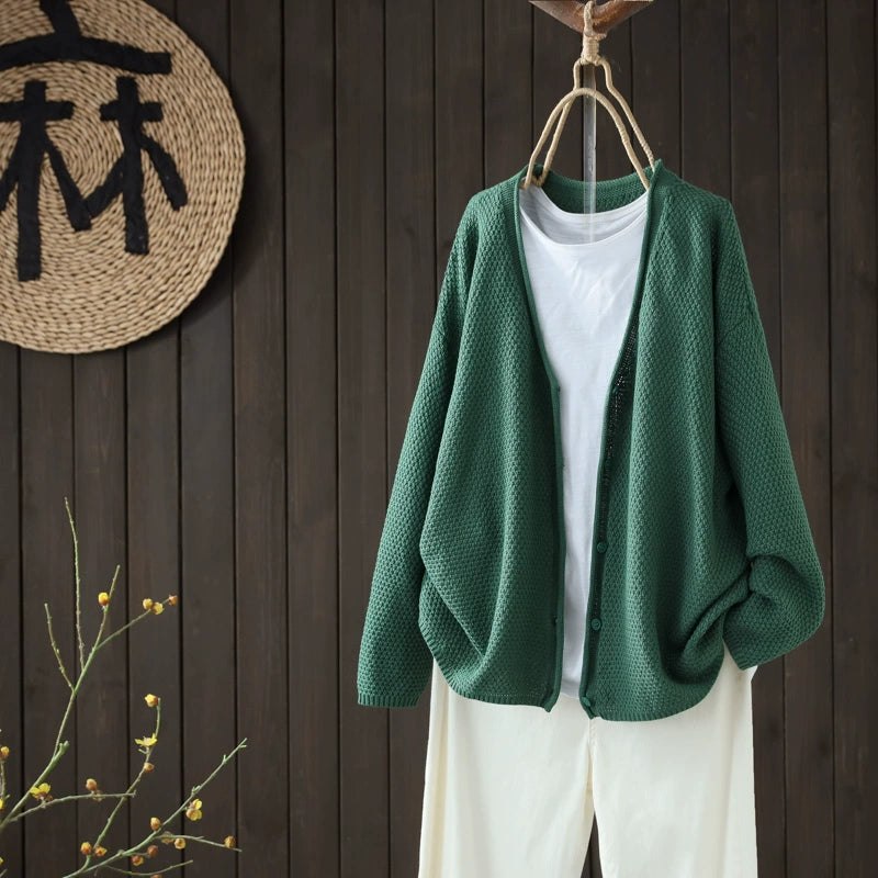 Retro Autumn Cotton Knitted V-Neck Casual Solid Color Cardigans