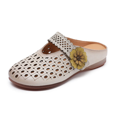 Babakud Retro Leather Hollow Soft Sole Flower Velcro Flats