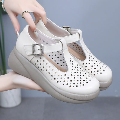 Women Summer Retro Leather Hollow Platform Sandals